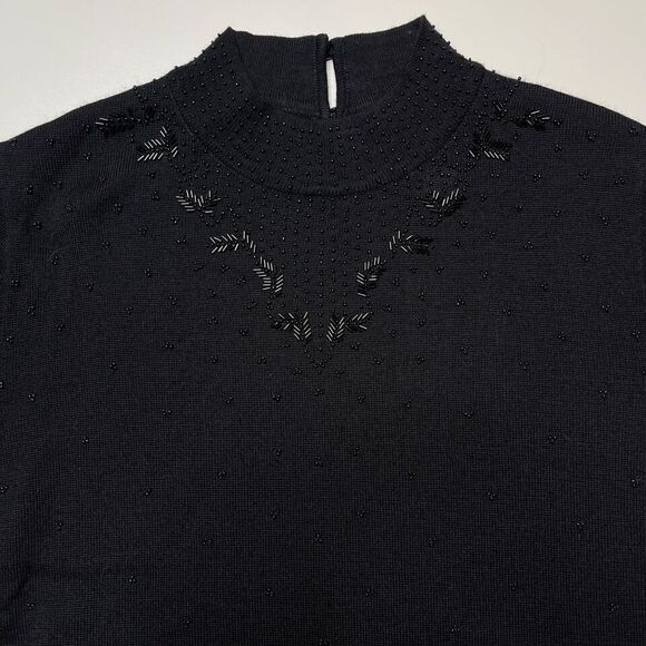 Vintage Style Size Large Retro 50s Black Beaded Wool Blend Sweater Short Sleeve - Picture 3 of 8